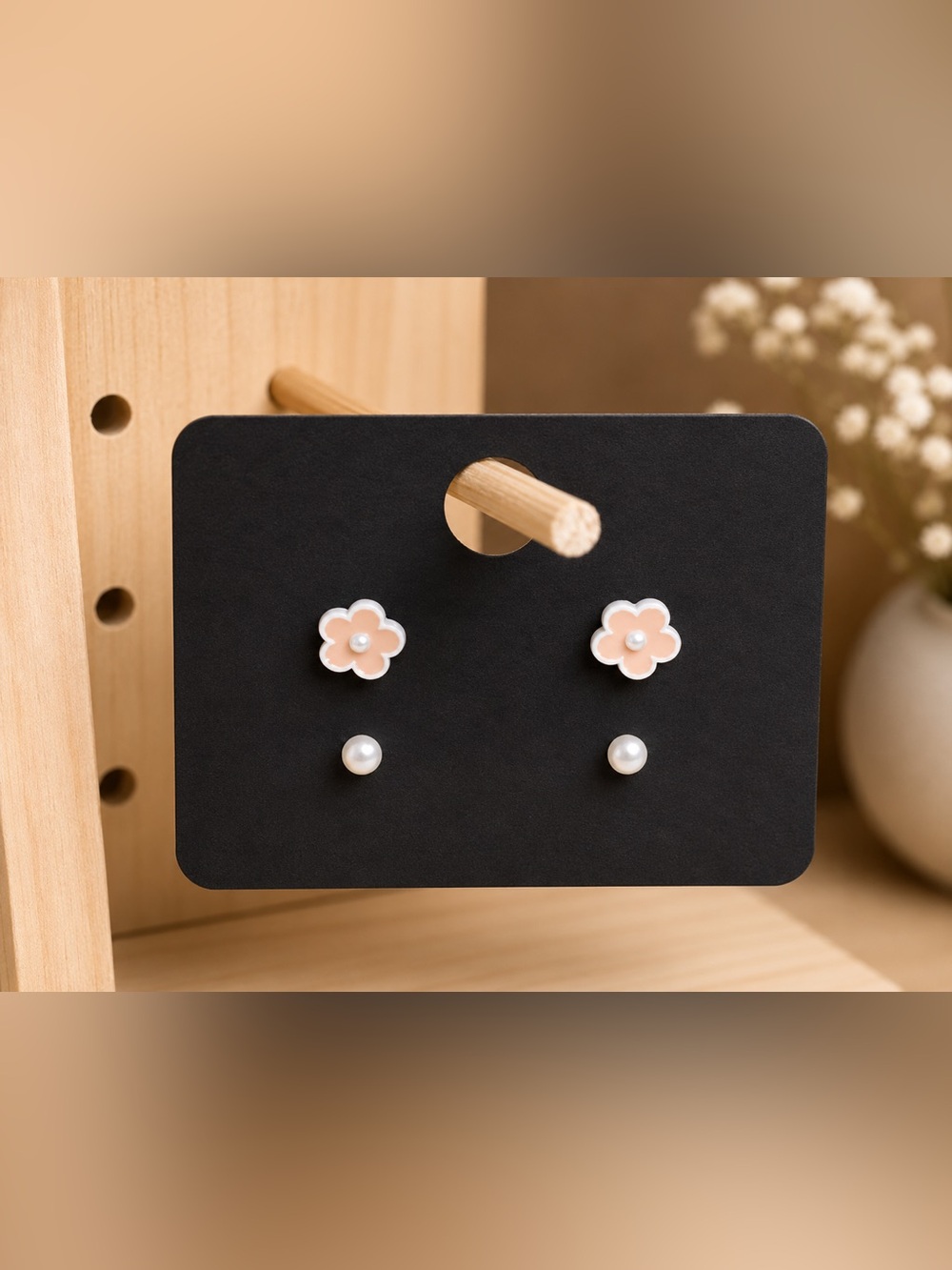Peach Flower & Pearl Stud Earring Set